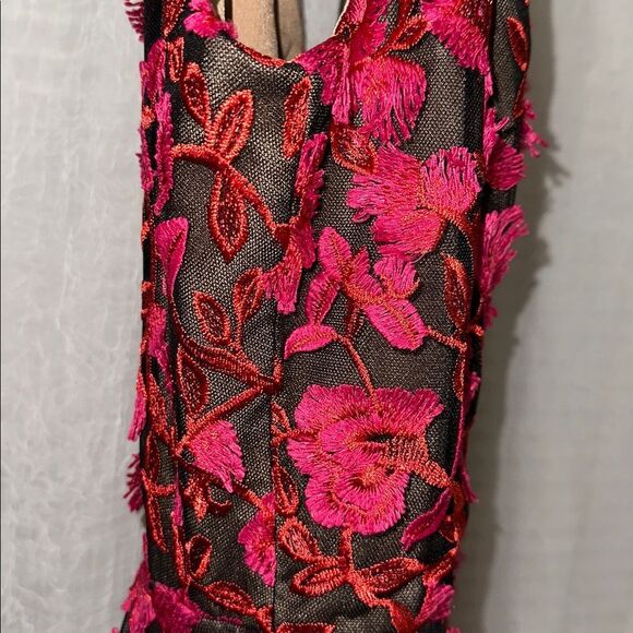 Dress the Population L Elisa Fuchsia Coral Black Tulle V-Nevk & Back Zip Dress - Picture 11 of 17